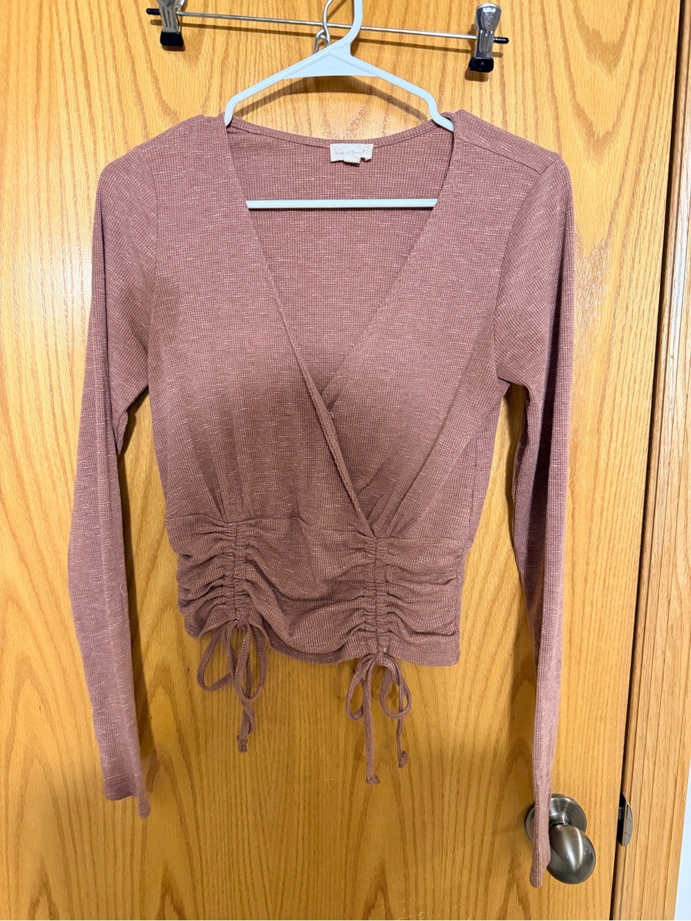 Ruched Wrap Long-Sleeve Top - Dusty Rose/light brown